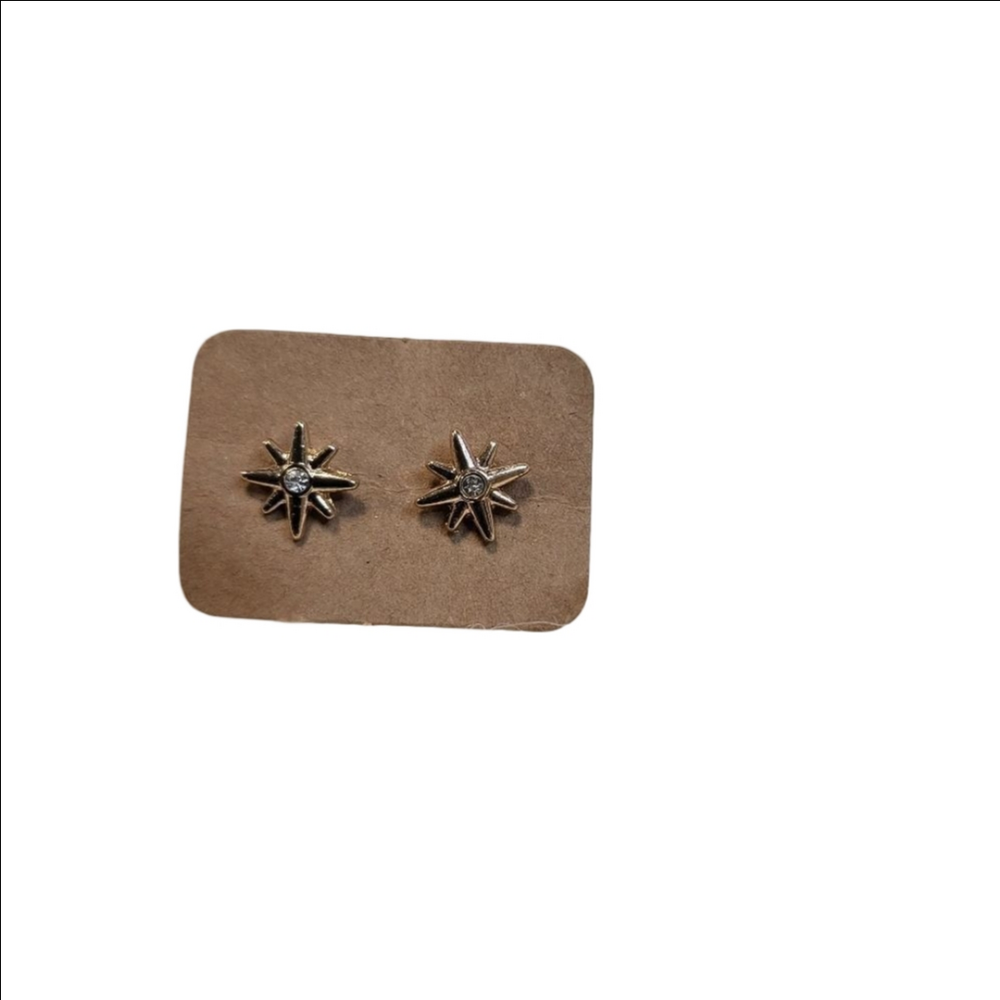 Gold Sunburst Star Design with Center Round Solitaire Rhinestone Post Earrings